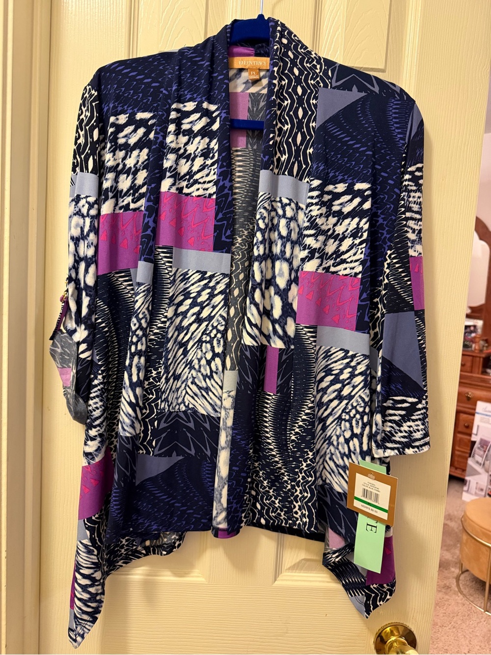 Ellen Tracy Navy, Purple & Cream Patterned Cardigan